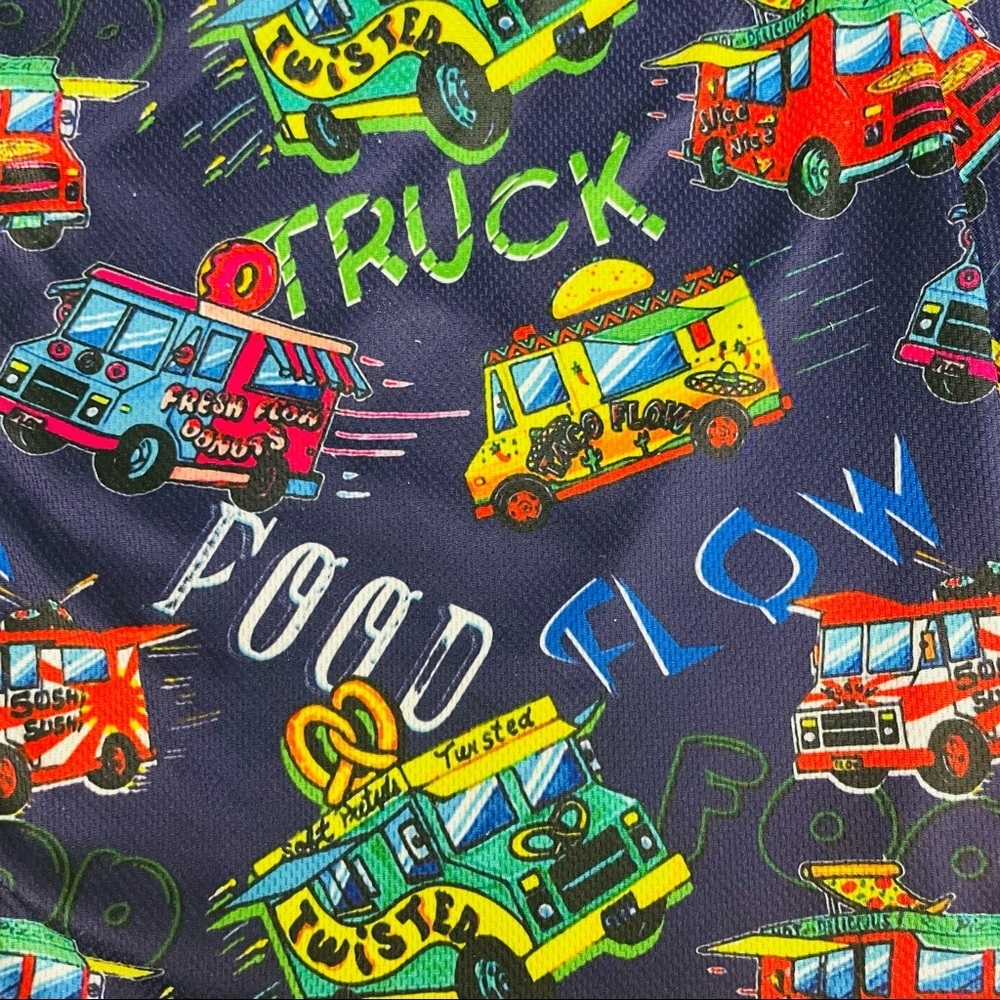 Flow Society Lacrosse Shorts Boys Medium Food Trucks Lax Donuts Pizza Tacos Navy - Picture 3 of 3